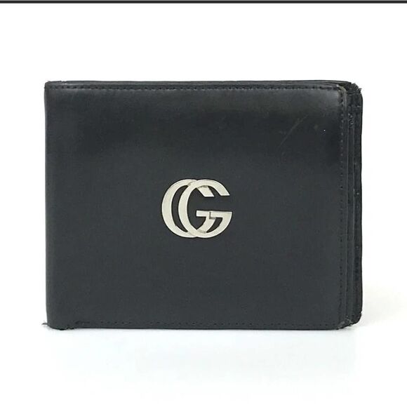 GUCCI Wallet Bi Fold Black Leather Silver GG Marmont  Authentic - Picture 2 of 10